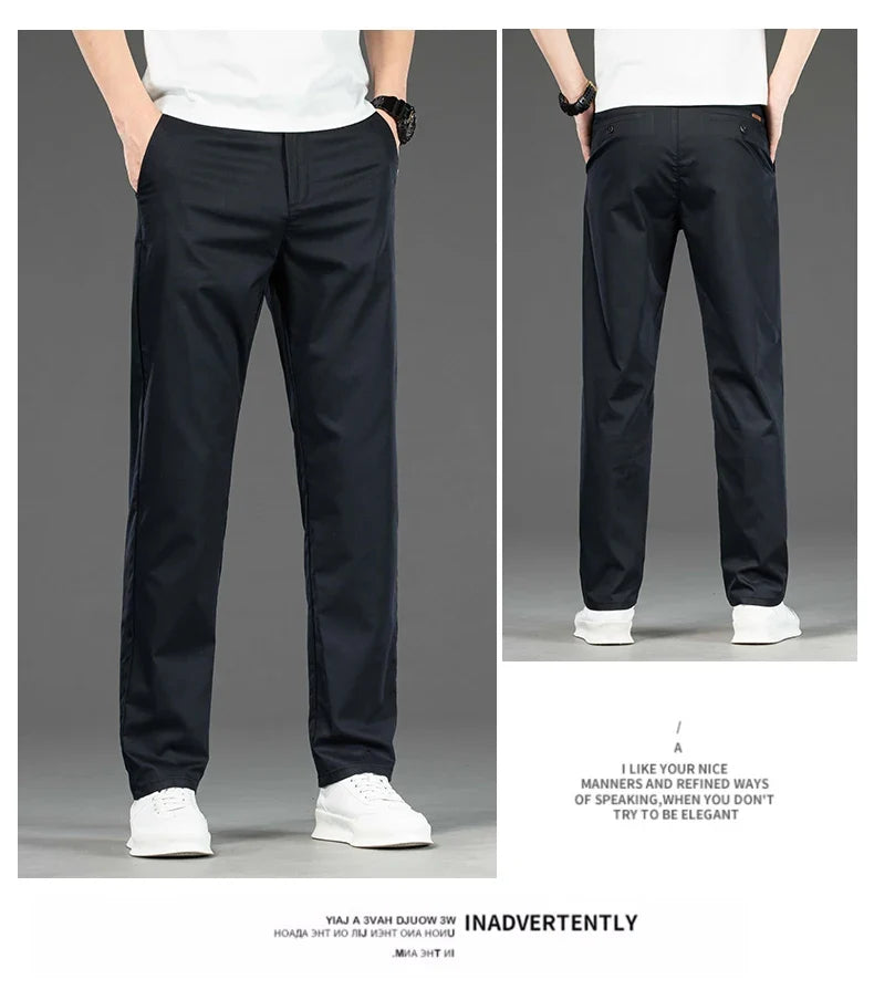 Spring Summer New Men's Casual Pants Thin Mulberry Silk Soft Business Casual Trousers Slim Straight Elastic Suit Pants Male