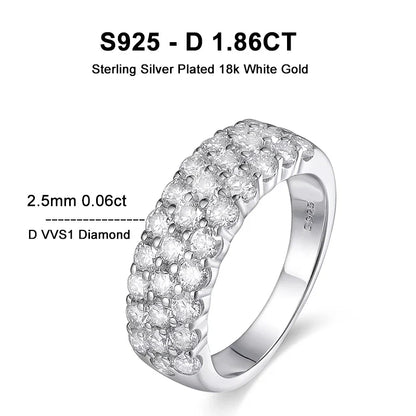 D VVS1 Moissanite Rings for Women Solid 925 Sterling Silver Plated 18k White Gold 3-Row Half Eternity Anniversary Band
