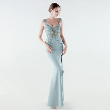 10 Colors Women's Sexy Slit Evening Dress with Appliques Soft Satin Wedding Party Dresses Prom Gowns robe de soiree