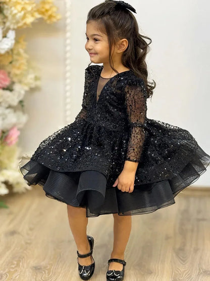 Customized Flower Girl Dresses White Tulle Puffy Tiered Sequin Long Sleeve For Wedding Birthday Party Banquet Princess Gowns