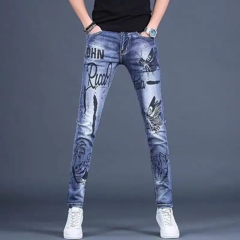High-End Men's Slim Fit Jeans with Zipper Splicing Elastic Casual Long Trousers Trendy Retro Style Cotton Stretch Denim