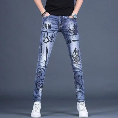 High-End Men's Slim Fit Jeans with Zipper Splicing Elastic Casual Long Trousers Trendy Retro Style Cotton Stretch Denim