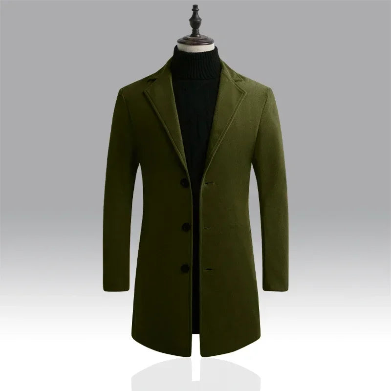Men Long Cotton Coat 2025 Autumn Winter Wool Blend Pure Color Business Casual Slim Fit Windbreaker Jacket Fashion Men Clothing