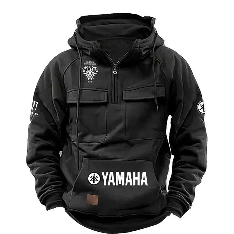 logo Men's Loose Fleece-lined Hoodie Jacket with Multiple Pockets Retro American Style Spring Autumn Winter Casual Outerw
