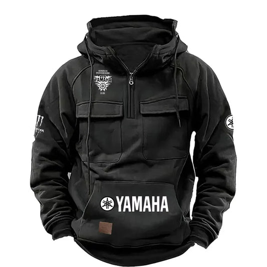 logo Men's Loose Fleece-lined Hoodie Jacket with Multiple Pockets Retro American Style Spring Autumn Winter Casual Outerw