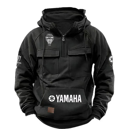 logo Men's Loose Fleece-lined Hoodie Jacket with Multiple Pockets Retro American Style Spring Autumn Winter Casual Outerw