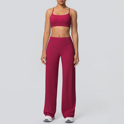 Women Gym Sports Yoga Suit Sexy Beautiful Back Yoga Underwear With Chest Pad Solid Color High Waisted Wide Leg Pants Yoga Set