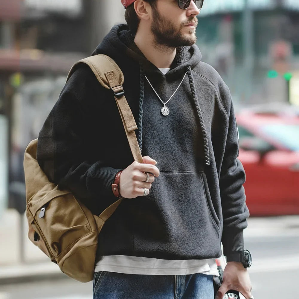 2024 Autumn Winter Casual Heavyweight Hoodie Men's Black Versatile Thickened Fleece Pullover Loose Warm Hooded Sweatshirt