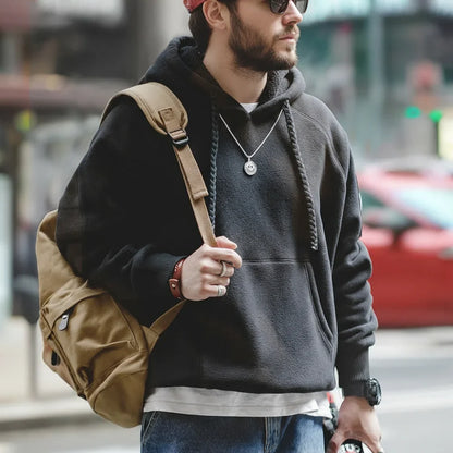 2024 Autumn Winter Casual Heavyweight Hoodie Men's Black Versatile Thickened Fleece Pullover Loose Warm Hooded Sweatshirt