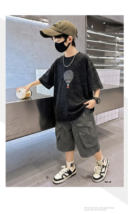 Fashion Boys Summer Outfit T-shirt Shorts Sports Set Children Top and Bottom Tracksuit Set Kids Casual Cotton Sportswear 5-14Y