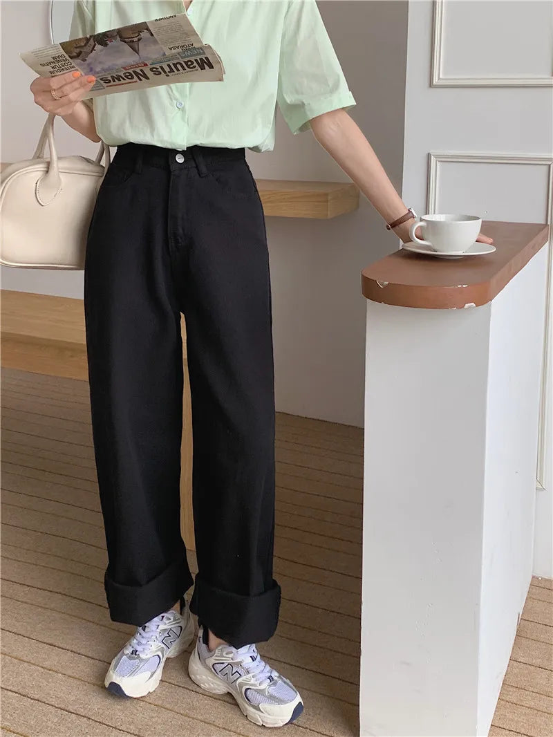 Korean Sle Simple Pure Color Wide Leg Jeans Pants for Women Summer Season Fall Collection Faion Ladies Premium Denim