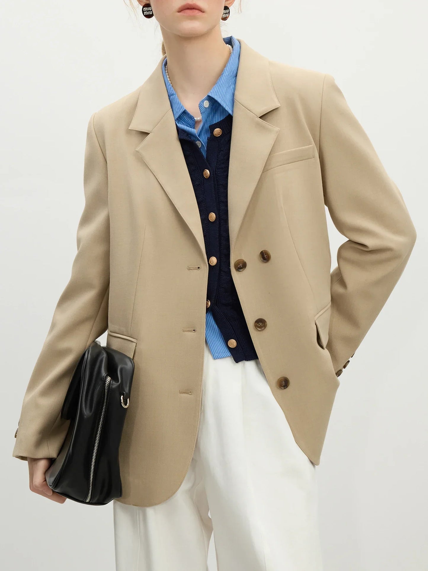 Women Khaki Blazer 2025 Spring New Office Lady Black Simple Loose Front Shoulder Blazer Coats Button Design Coat 25FS11071