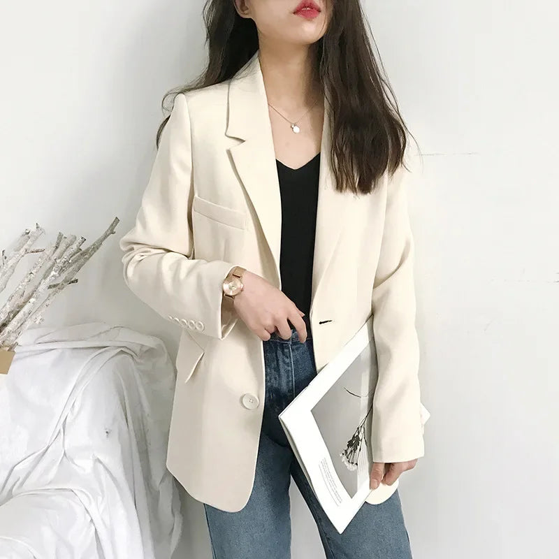 Elegant Casual Loose Long Sleeve Women's Small Suit Jacket Korean Style Spring Autumn Chic Polyester Fiber Button Decoration