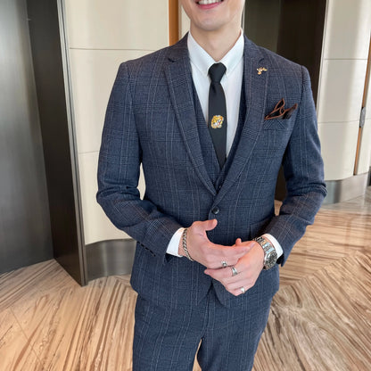 British Korean Style High Quality Modified Plaid Three-Piece Suit for Men - Stylish Business Casual Suit Vest And Trousers Set
