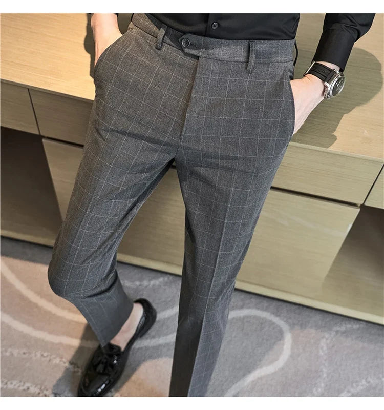2026 High Quality Men's Plaid Striped Suit Pants Fashion Business Slim Fit Casual Straight Pants Formal Wedding Party Trousers