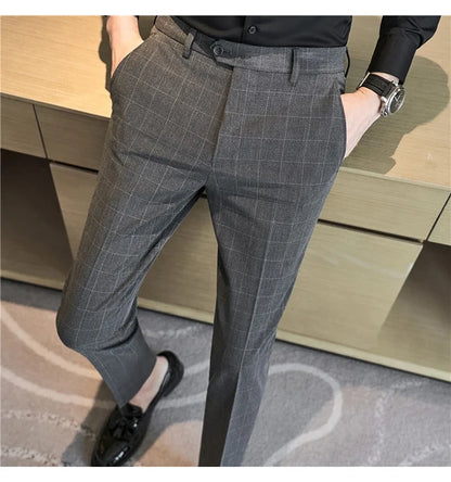 2026 High Quality Men's Plaid Striped Suit Pants Fashion Business Slim Fit Casual Straight Pants Formal Wedding Party Trousers