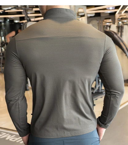 Quick Drying Clothes Men Autumn Sports T-shirt Stand Neck Loose Long Sleeved Outdoor Running Tracksuit Breathable Half Zip Top