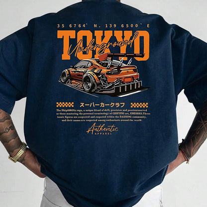 Men's Summer 100% Cotton Fashionable Casual Loose Large Size Japanese Tokyo Pattern Printed Round Neck Short Sleeve T-shirt Top