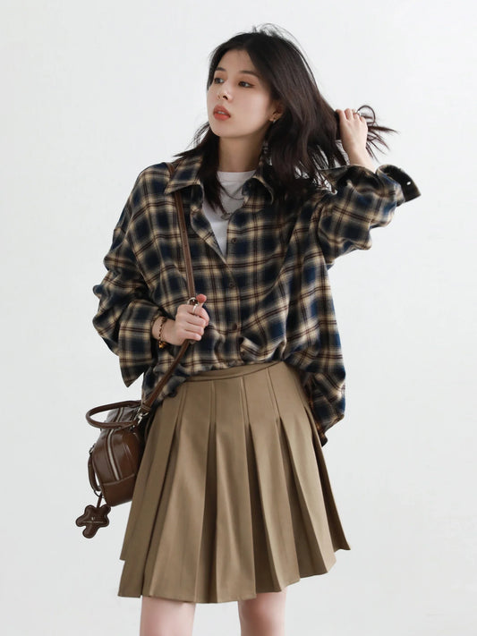 Women Shirts Loose Casual New Sanding Plaid Shirt Long Sleeve Medium Long Length Blouses Female Tops Spring Autumn 2025