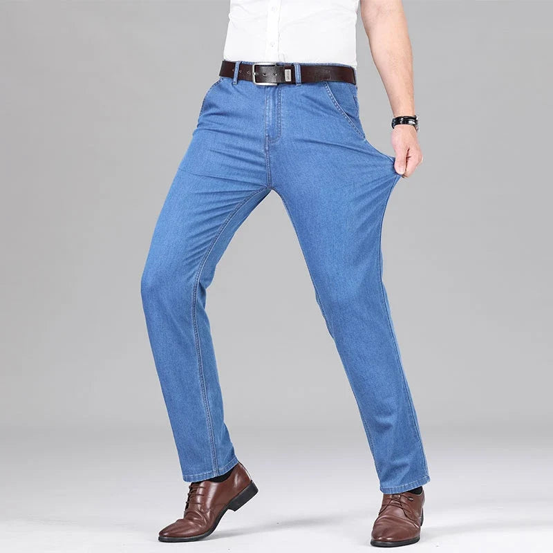 New Lyocell Fabric Jeans Men Summer Thin Business Straight Leg Loose Trousers Men's Casual Long Pants Large Size