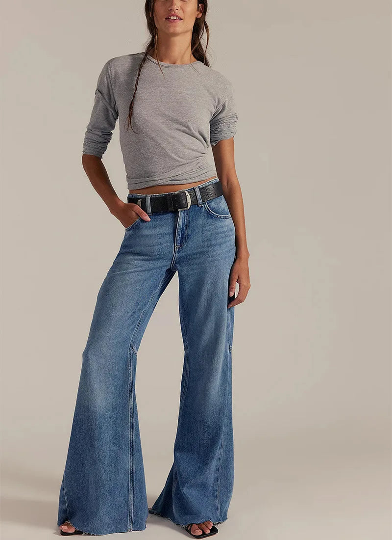 Streetwear Vintage Skinny Washed Flared Jeans Women Korean Fashion High Waist Slim Straight Pants 2025 New Casual Flared Jeans