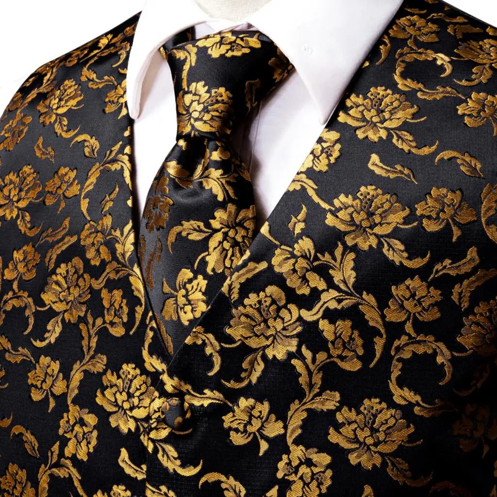 Luxury Gold Black Mens Vests Print Jacquard Waistcoat Tie Hanky Cufflinks Brooch Set for Men Wedding Formal Business Hi-Tie