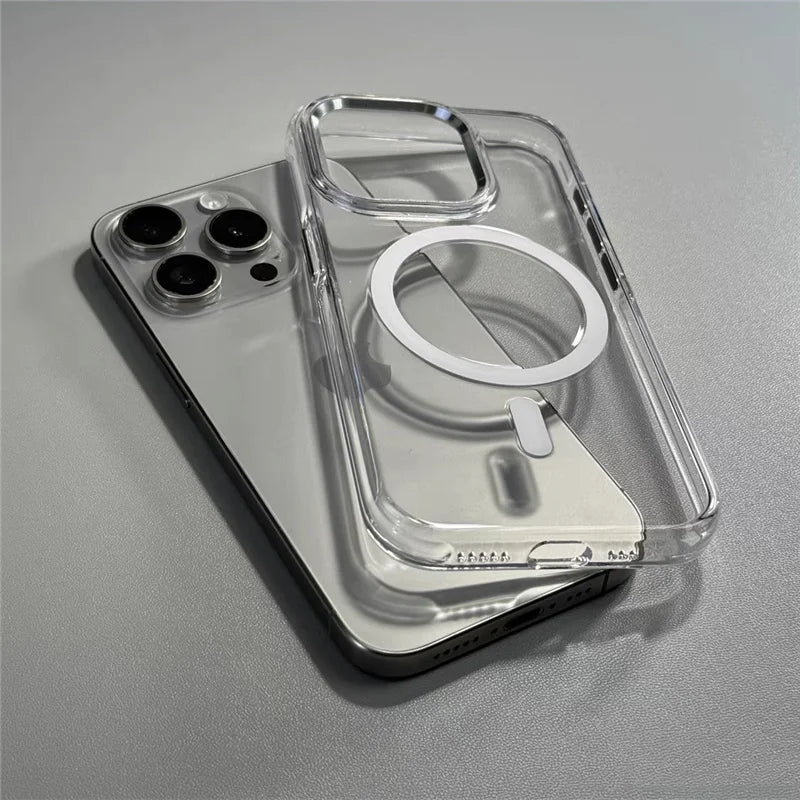 Transparent Wireless Charging for Magsafe Case for iPhone 16 15Pro 14 16Pro Max Alloy Lens Clear Shockproof Hard Armor Cover