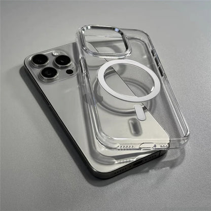 Transparent Wireless Charging for Magsafe Case for iPhone 16 15Pro 14 16Pro Max Alloy Lens Clear Shockproof Hard Armor Cover
