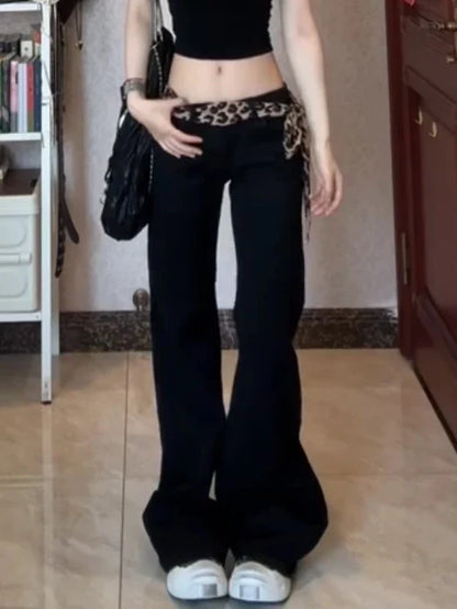 Women  Dark Academia Korean Slim Harajuku Y2K Low Rise Denim Flare Pants 2000s Kpop Bell-Bottom Long Trousers Abi Black Jean
