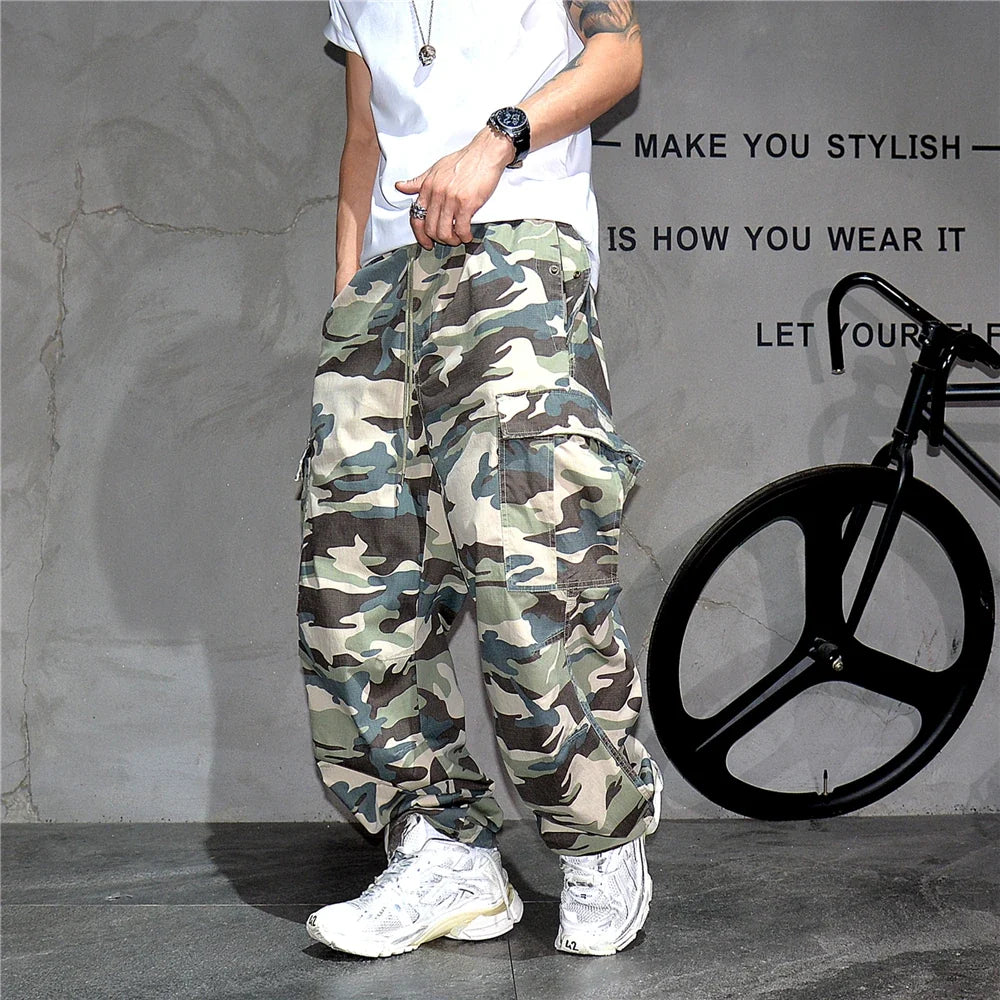 Heavy weight Tactical Cargo Pants For Men Vintage Camo Multi-Pocket Loose Fit Straight Leg Outdoor Streetwear Casual Trousers