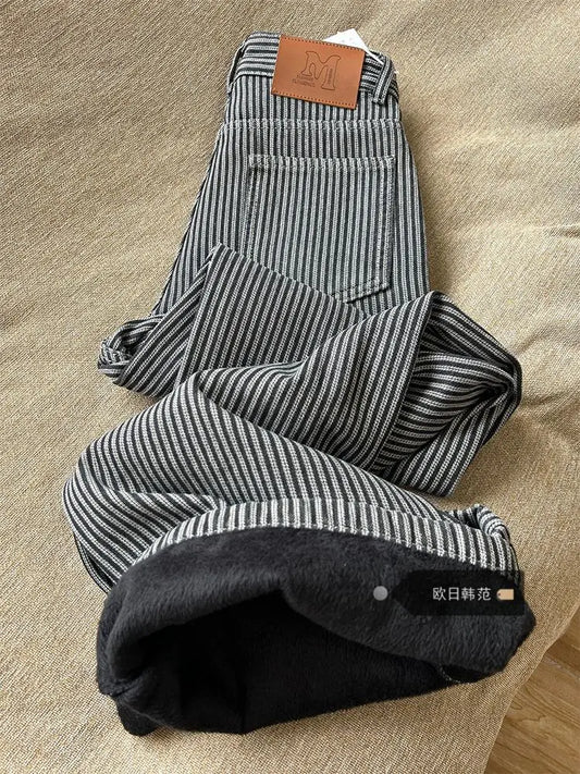 2025 Winter Women's Korean Designer Striped Velvet Denim Pants Y2K 2000s Warm Vintage Baggy Jean Japanese Harajuku Jeans New In