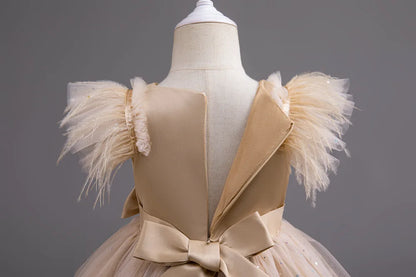 Summer Girls' New Bow Sequin Flying Sleeves Mesh Fluffy Skirt Piano Competition School Graduation Ceremony Dress