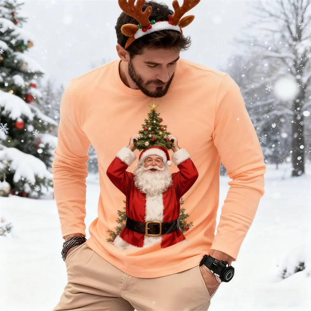 Christmas Autumn Collection Men's Long-Sleeve Hoodie 3D Playful Santa Claus Print Crew Neck Oversized T-Shirt Christmas Costumes