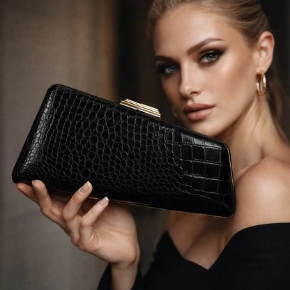 Wine Red Snake or Alligator Pattern PU Clutch Evening Bag with Gilded Buckle for Retro Dinner Party Ladies Handbag