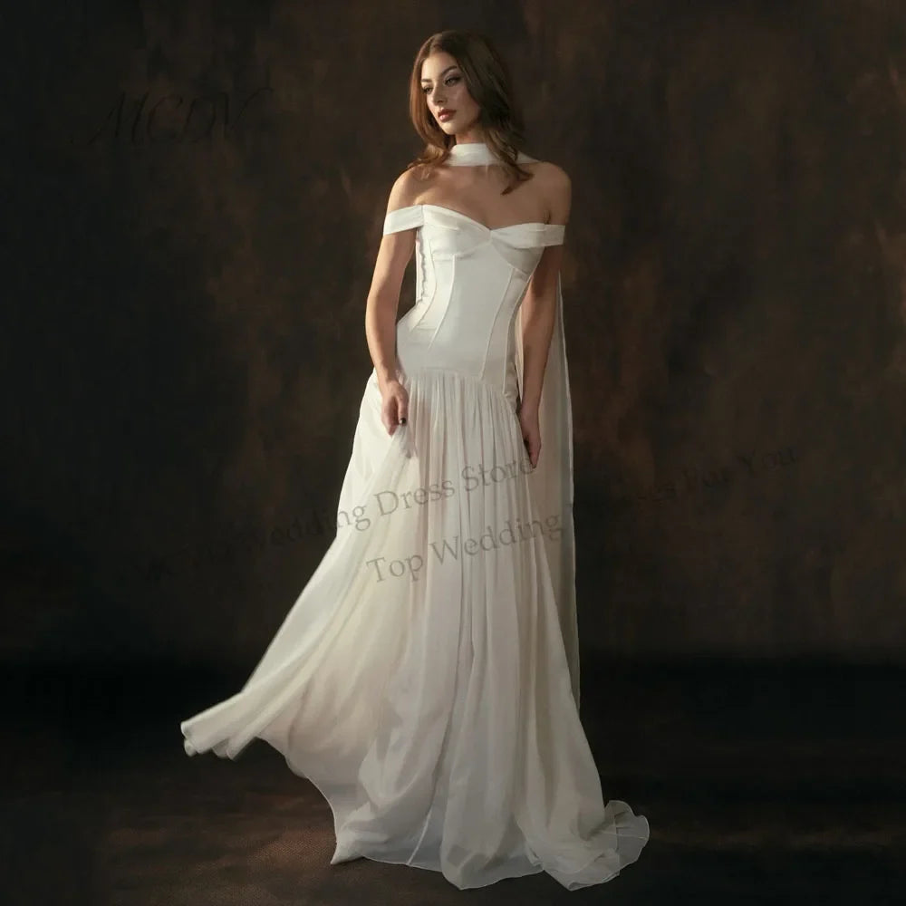 Off The Shoulder Chiffon A Line Wedding Dress Pleated Corset Back Bride Gowns Strapless vestido de casamento noiva civil 2026