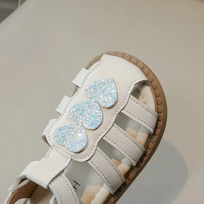 Kid Shoes Children Sandals Bling Heart-shape Summer Girl Princess Shoe Flat Heel Sandals Children Girls Performance Shoes I03022