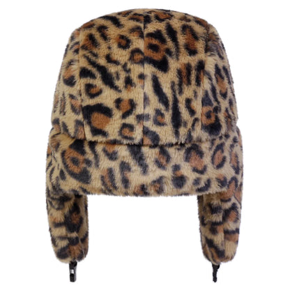 Unisex Plush Leopard Print Lei Feng Hat Winter Earflap Hat Keep Warm Ski Hat Bomber Hat for Outdoor Riding Snow Activities