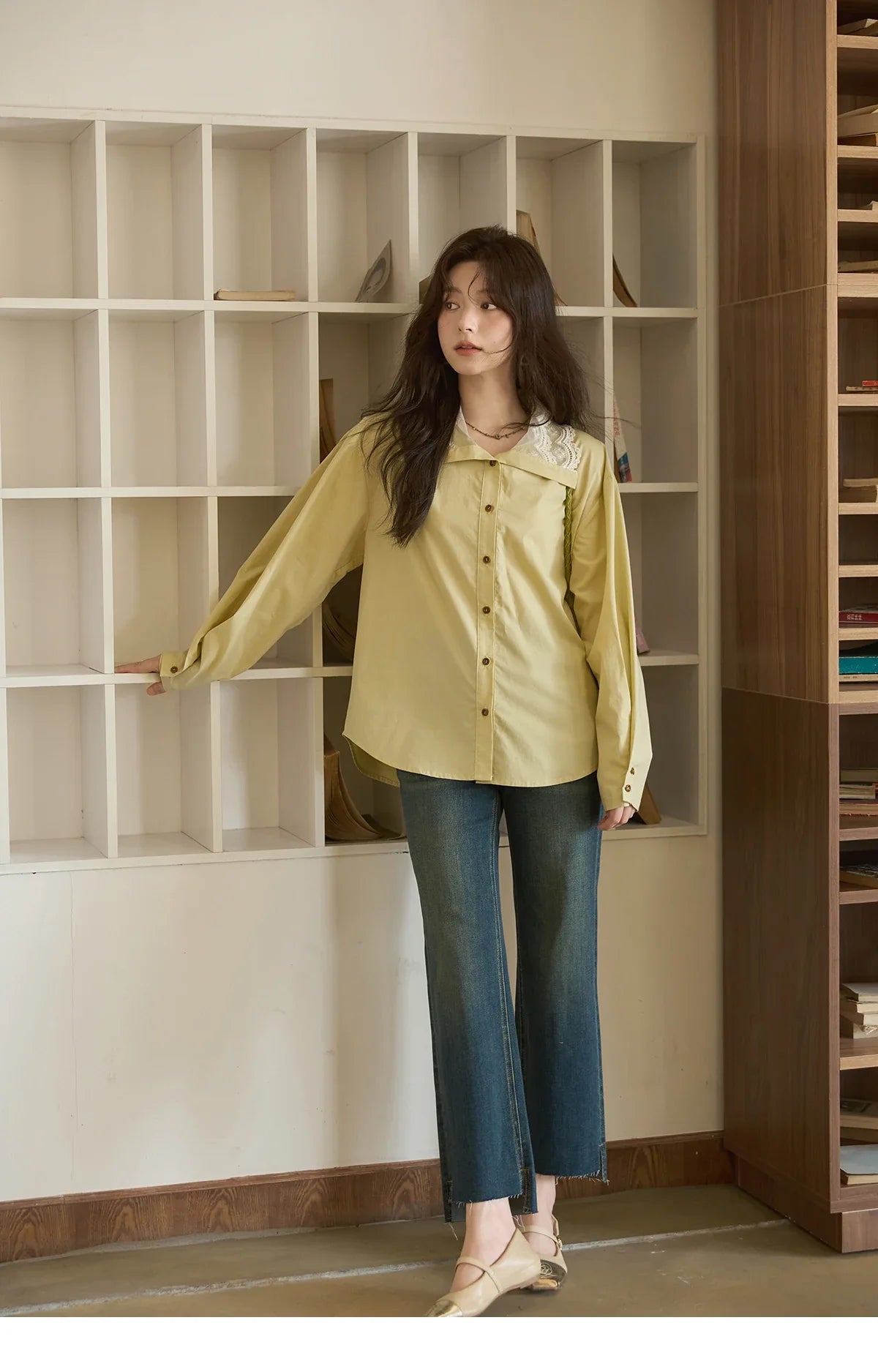 Autumn Solid Cotton Shirt Autumn V-neck Double-layer Lace Retro Design Shirts Single Breasted Tops Office Lady MXE41C2366