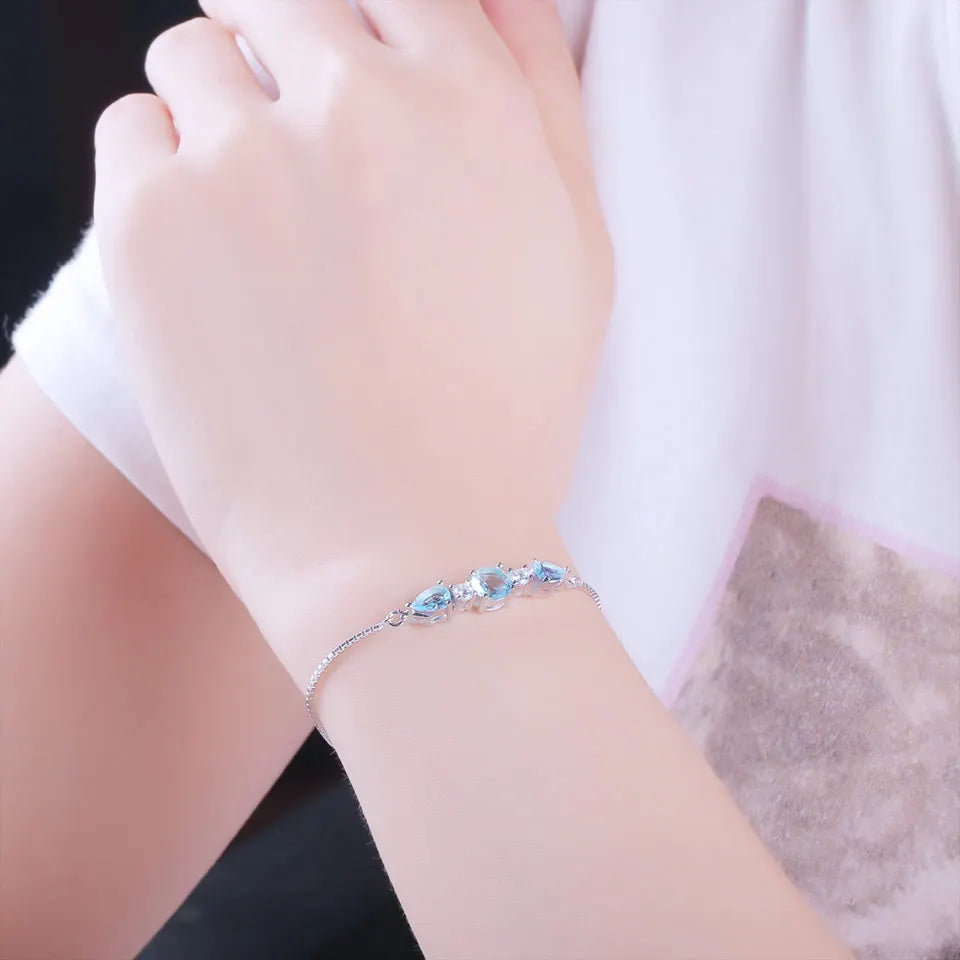 925 Sterling Silver Bracelets Adjustable Bangle Nano Blue Topaz Bracelet Round Pear Bracelets for Woman Wedding