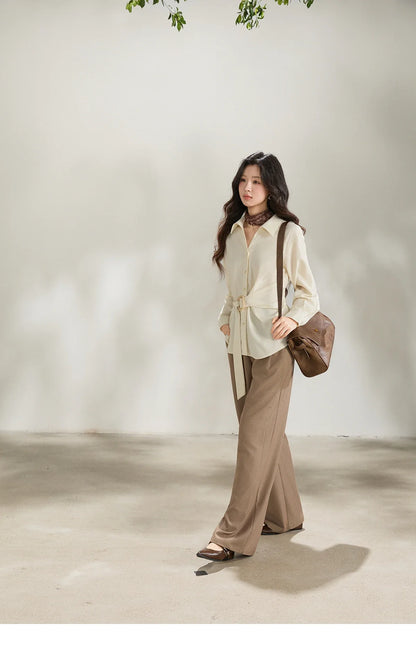 Women's Lapel Collar Long Sleeve Shirt 2026 Spring with Belted Waist Casual Loose Soft Beige Shirt Office Lady MXF13C2452