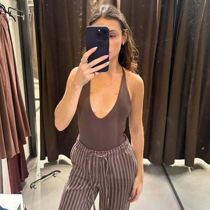 Female Bodysuit Summer Slip Off Shoulder One Piece Swimsuits Corset Backless Bodysuits Sexy Women Beach Black Brown Body