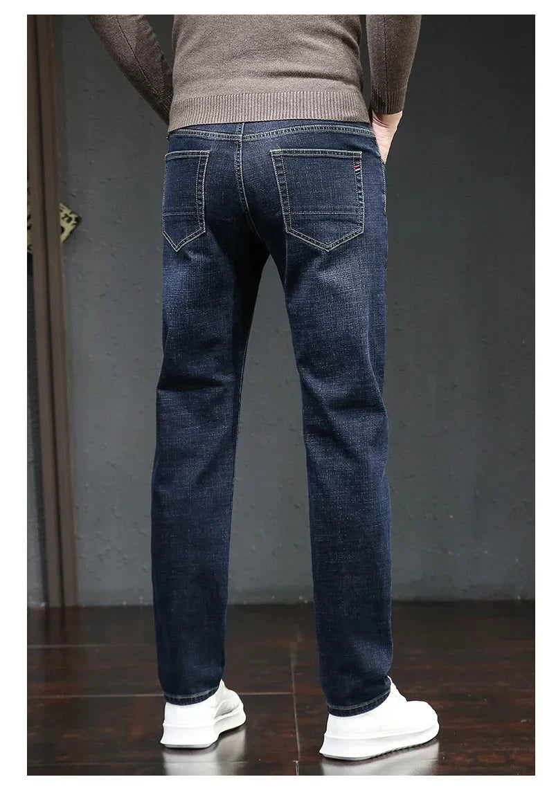 Winter Thickened Warm Male Plush Trousers Brand Clothes Men's Fleece Jeans Straight Slim Stretch Fashion Business Denim Pants