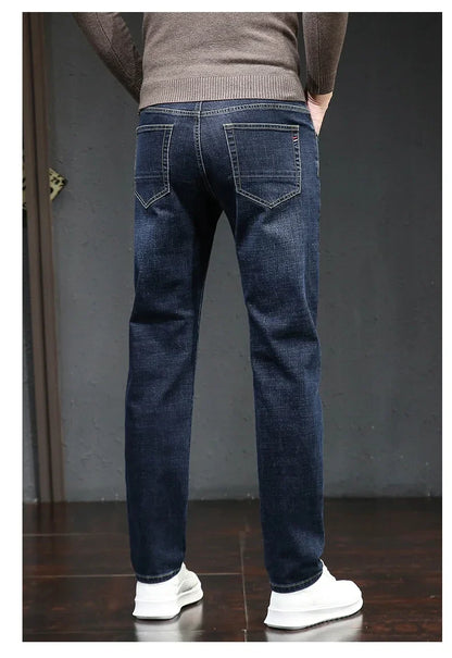 Winter Thickened Warm Male Plush Trousers Brand Clothes Men's Fleece Jeans Straight Slim Stretch Fashion Business Denim Pants