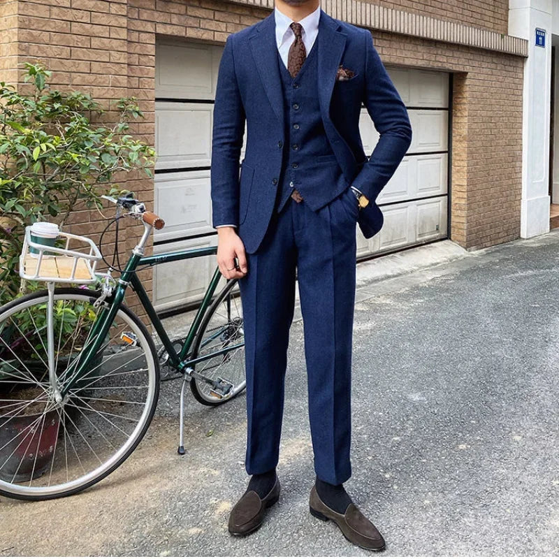 New Retro Herringbone Slim Fit Men's Suit Gentlemen's 3-piece Suit Single Breasted Handsome Autumn Winter Business Casual Formal