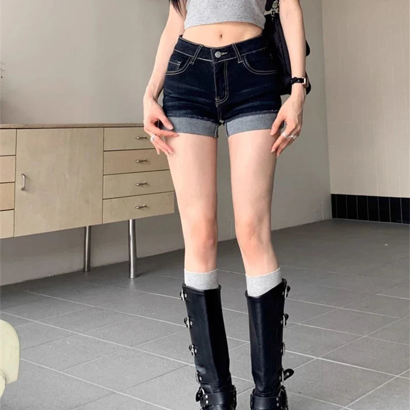 Retro Roll Up Hem Washed Denim Shorts Women Streetwear High Waist Slimming Hot Pants Korean Fashion Deep Blue Hip Wrapping Jeans