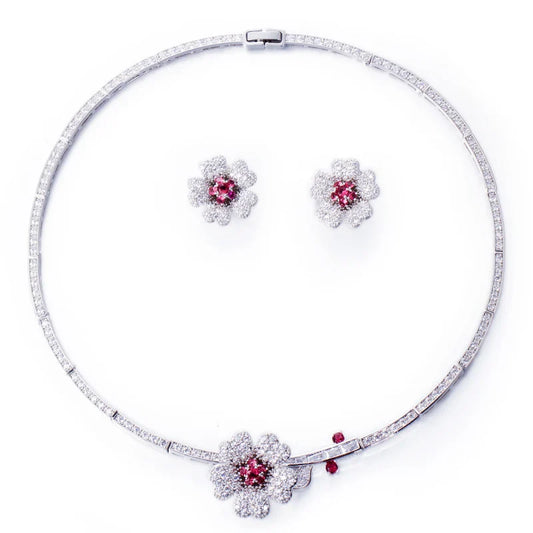 Druzy CZ Stone Big Red Flower Wedding Bridal Choker Necklace and Earrings Party Costume Jewelry Sets for Brides T0518