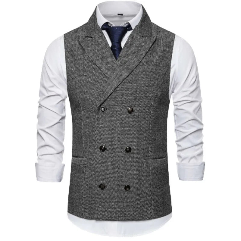 Men Vest Brown Herringbone Double Breasted Buckle Solid Business Casual Waistcoat Regular Slim Banquet Men Suit Vest
