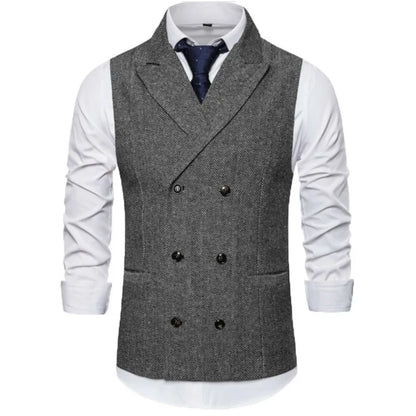 Men Vest Brown Herringbone Double Breasted Buckle Solid Business Casual Waistcoat Regular Slim Banquet Men Suit Vest