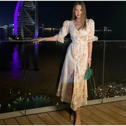 V-neck Organza Floral Chiffon Puff Sleeve Slit Long Dress Bodycon High Slit Bodycon Sexy Dresses Lady Chic Daily Sweet Date Robe