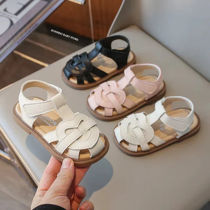 Girls Roman Shoes Children Solid Color Classic Retro Style Student Uniform Shoes Kids Fashion Girl Toes Wrapped Sandals I03284